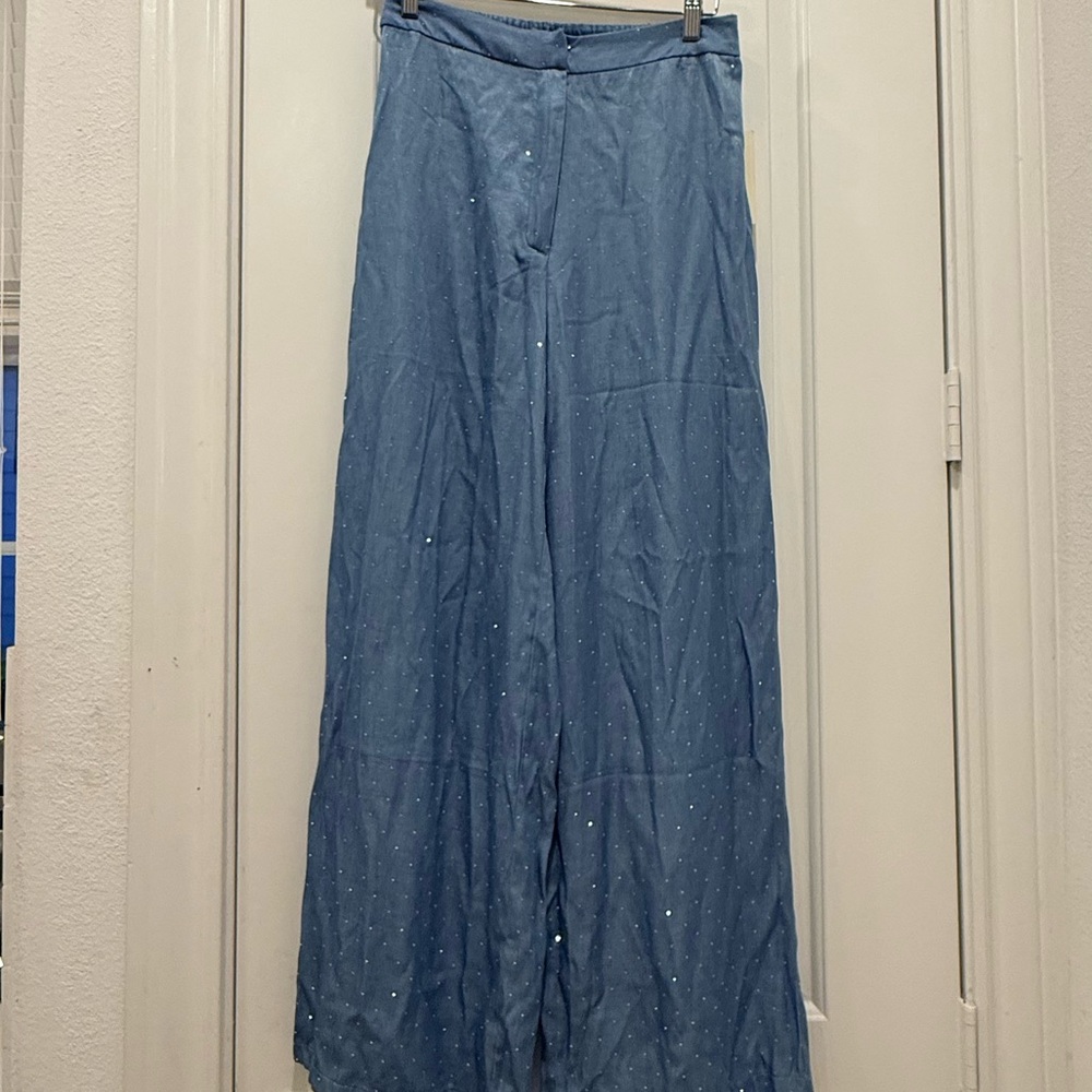 Peach Light Blue Wide Leg Sparkle Pants